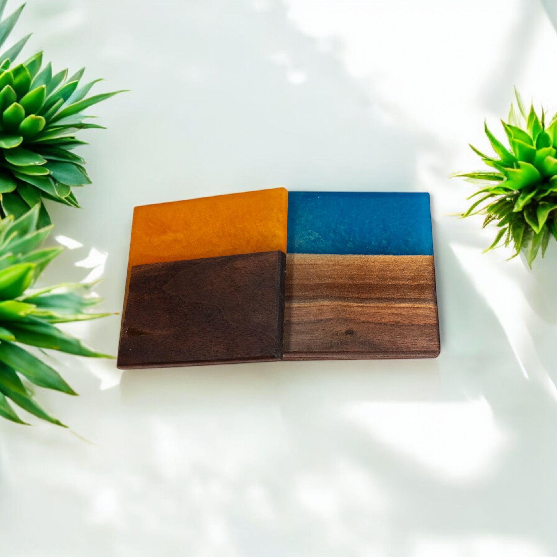 Walnut Wood with Orange/Rainbow Blue Epoxy Coaster