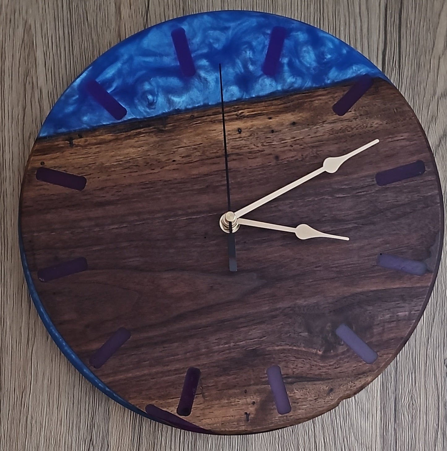 Walnut Wood with Sea Blue with Purple Number Marks Epoxy Clock - Creative Spruce Woodworking