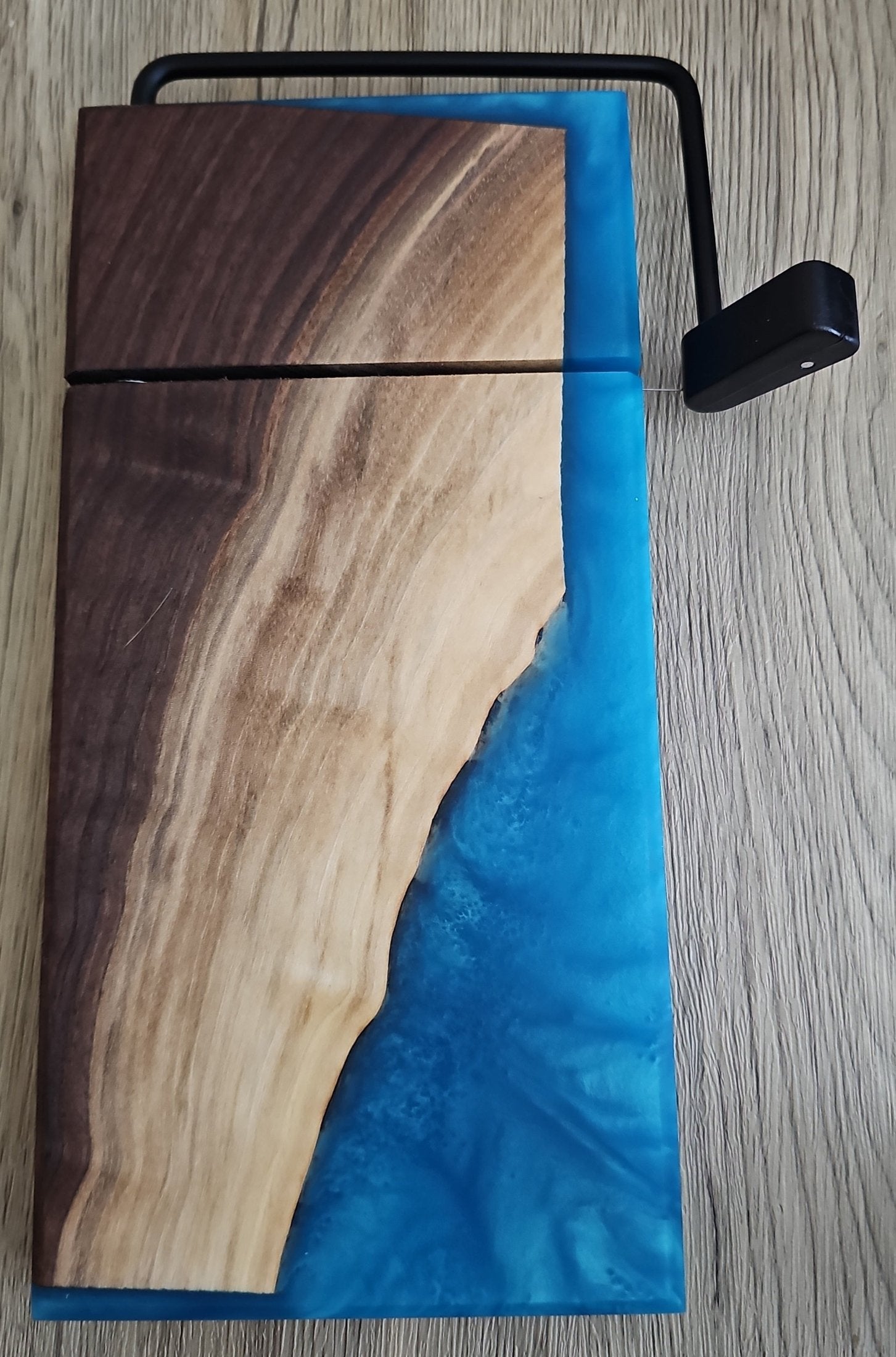 Walnut with Sea Blue Epoxy Cheese Slicer Board