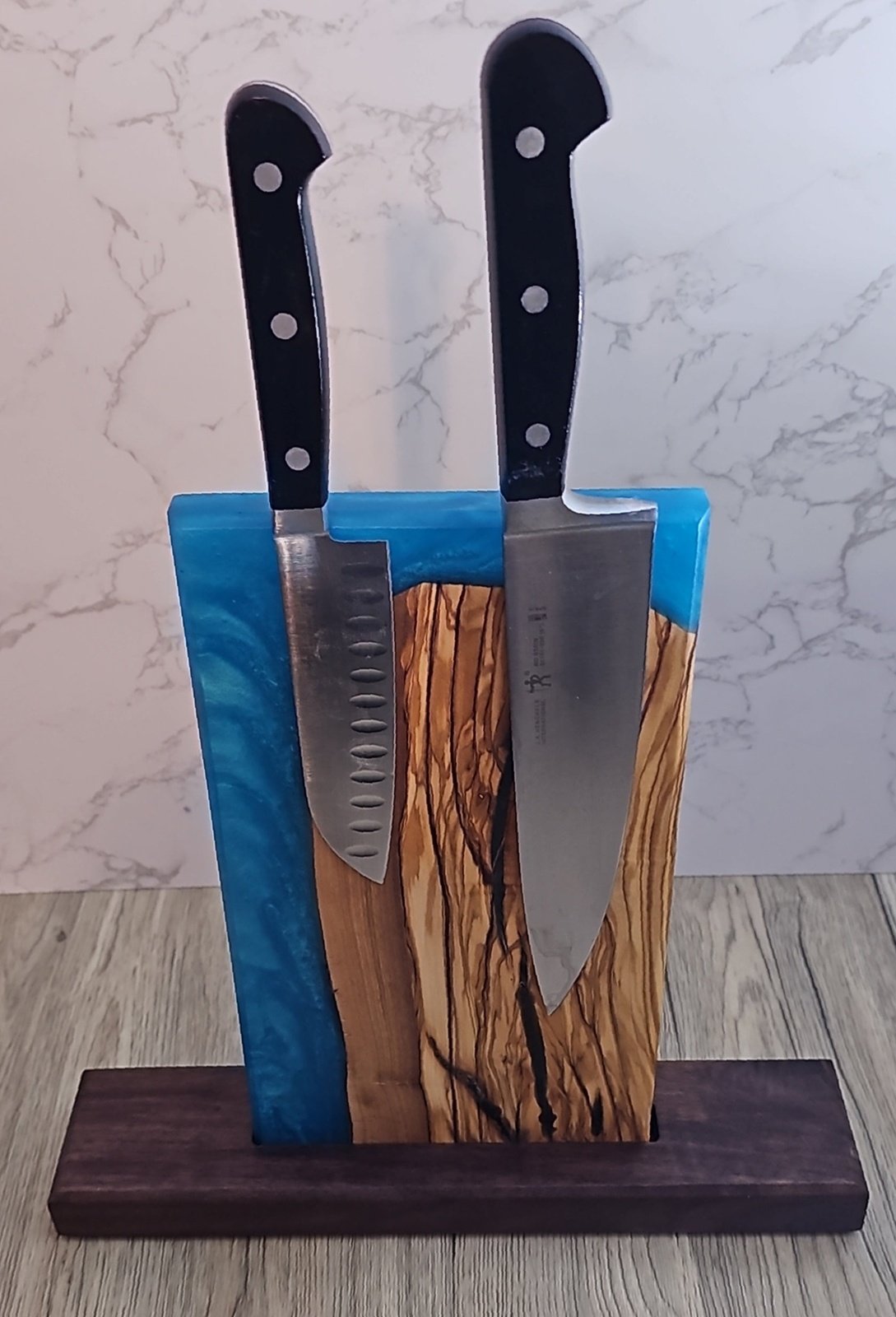 Wooden magnetic knife holder with Sea Blue Epoxy