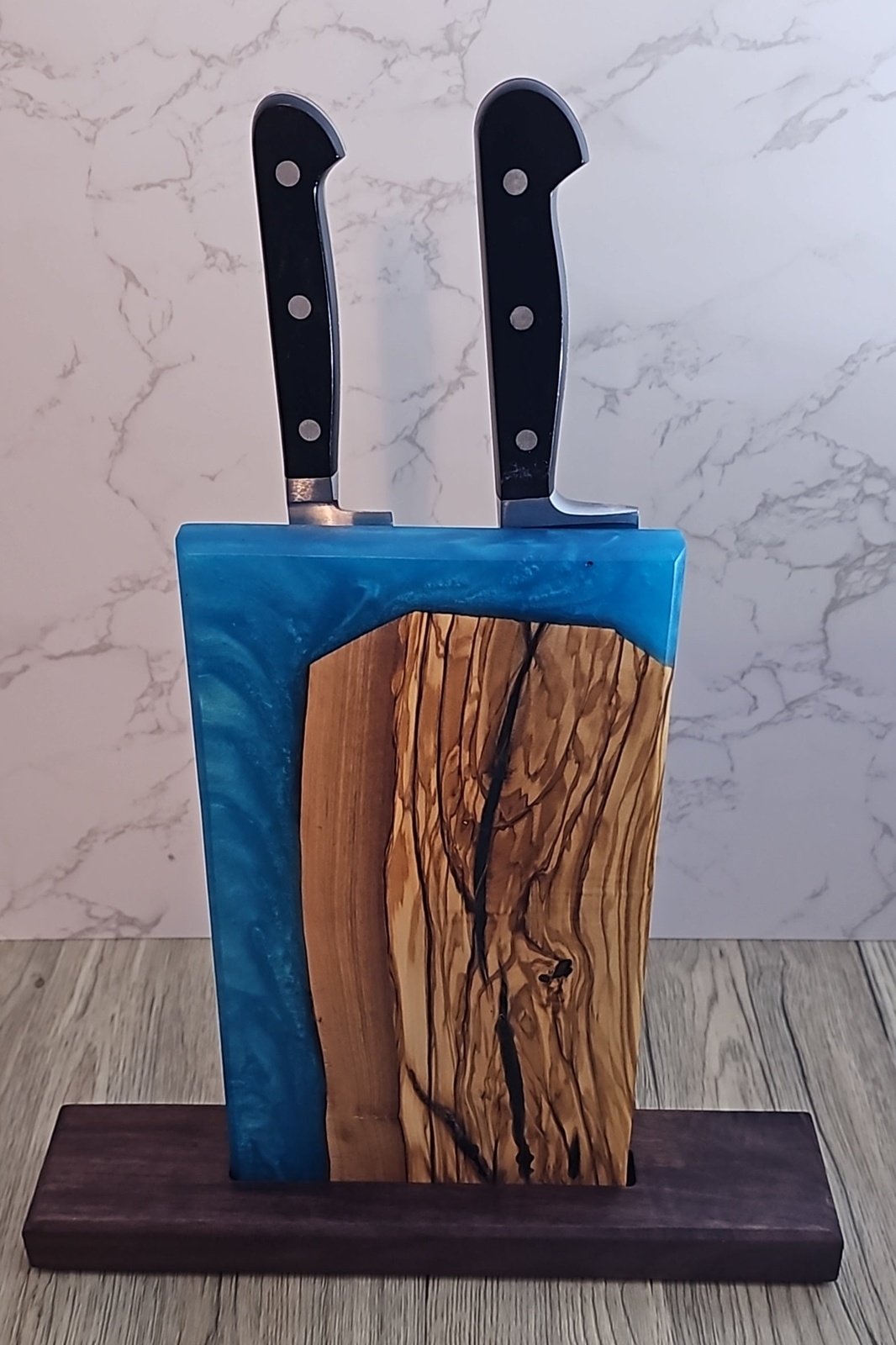 Wooden magnetic knife holder with Sea Blue Epoxy